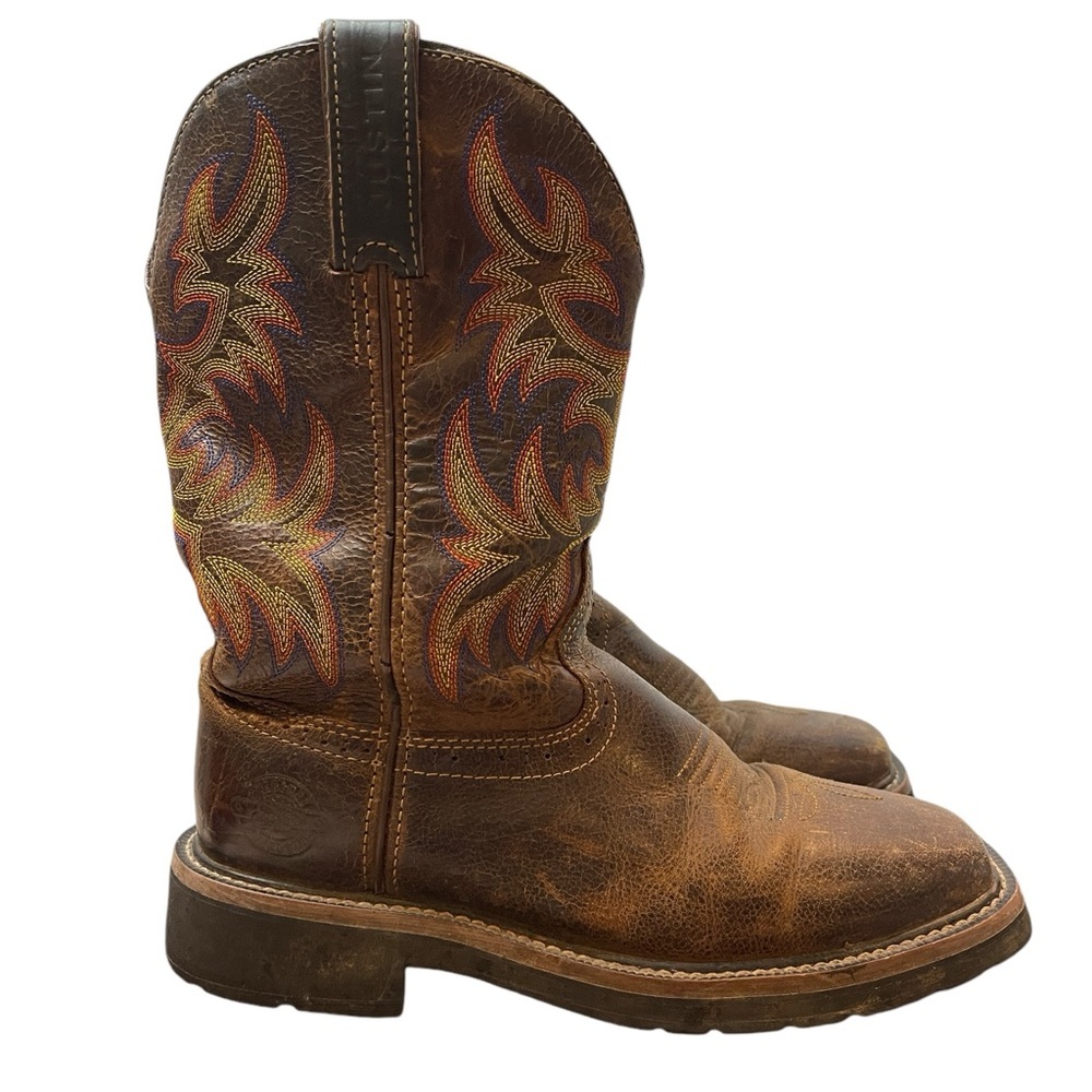 Justin Men's Boots Size 6.5D Brown Fire Square Toe Block Heel Mid Calf WK4681 - Picture 1 of 14